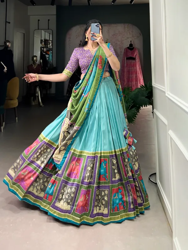 SGreen_color_tussar_silk_foil_print_lehenga_choli