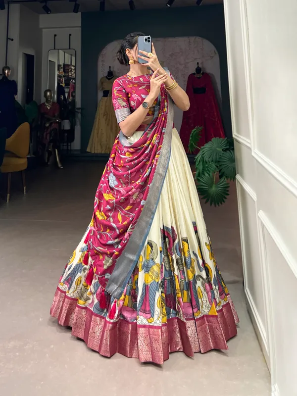 White_Color_Dola_Silk_Designer_Kalamkari_Print_Lehenga_Choli