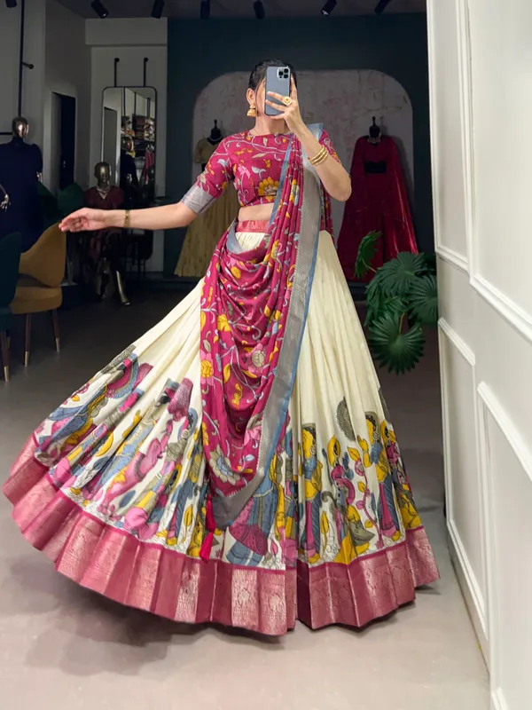 White_Color_Dola_Silk_Designer_Kalamkari_Print_Lehenga_Choli
