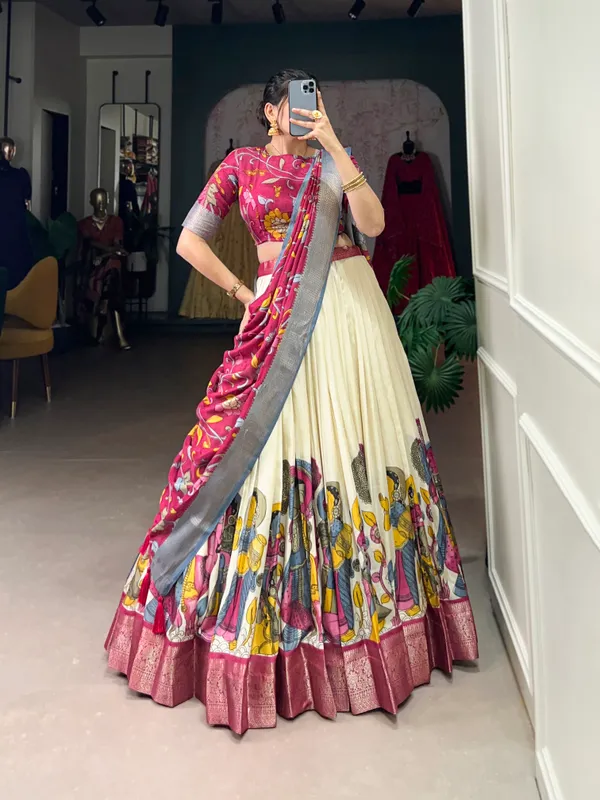 White_Color_Dola_Silk_Designer_Kalamkari_Print_Lehenga_Choli