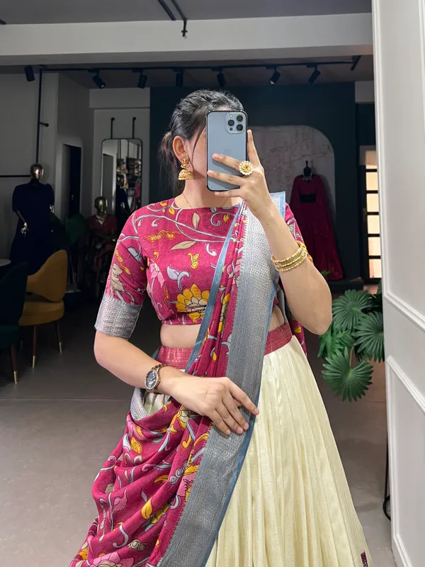 White_Color_Dola_Silk_Designer_Kalamkari_Print_Lehenga_Choli