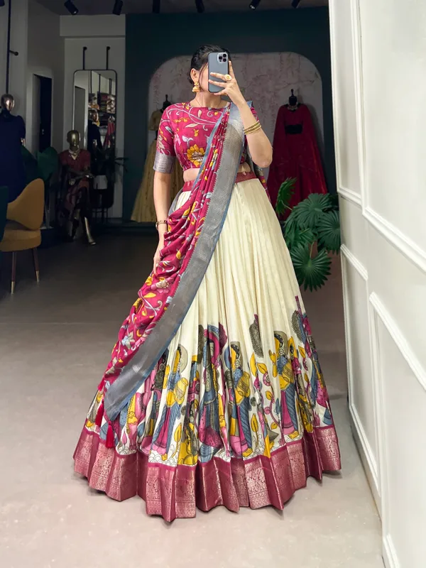 White_Color_Dola_Silk_Designer_Kalamkari_Print_Lehenga_Choli