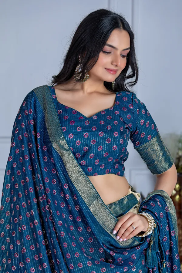 Blue_With_Heavy_Lichi_Fabric_With_Jacquard_Border_Jari_Lining_With_Print