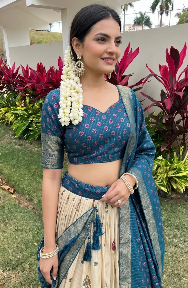Blue_With_Heavy_Lichi_Fabric_With_Jacquard_Border_Jari_Lining_With_Print