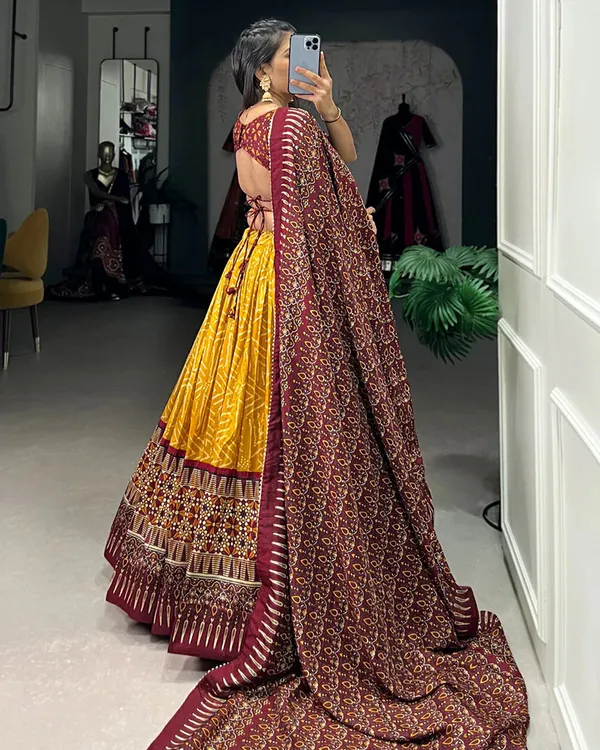 Yellow_color_tussar_silk_foil_print_lehenga_choli