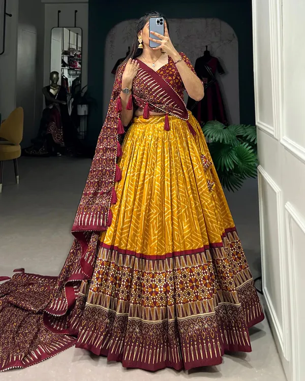 Yellow_color_tussar_silk_foil_print_lehenga_choli