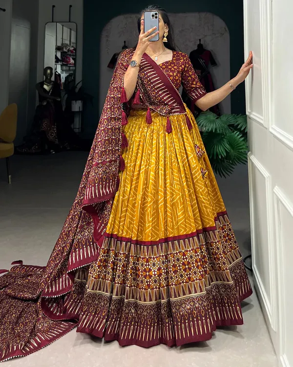 Yellow_color_tussar_silk_foil_print_lehenga_choli