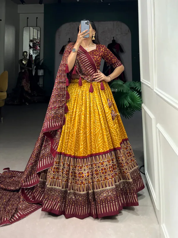 Yellow_color_tussar_silk_foil_print_lehenga_choli
