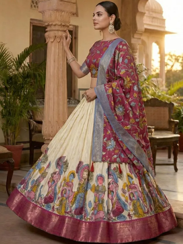 White_Color_Dola_Silk_Designer_Kalamkari_Print_Lehenga_Choli