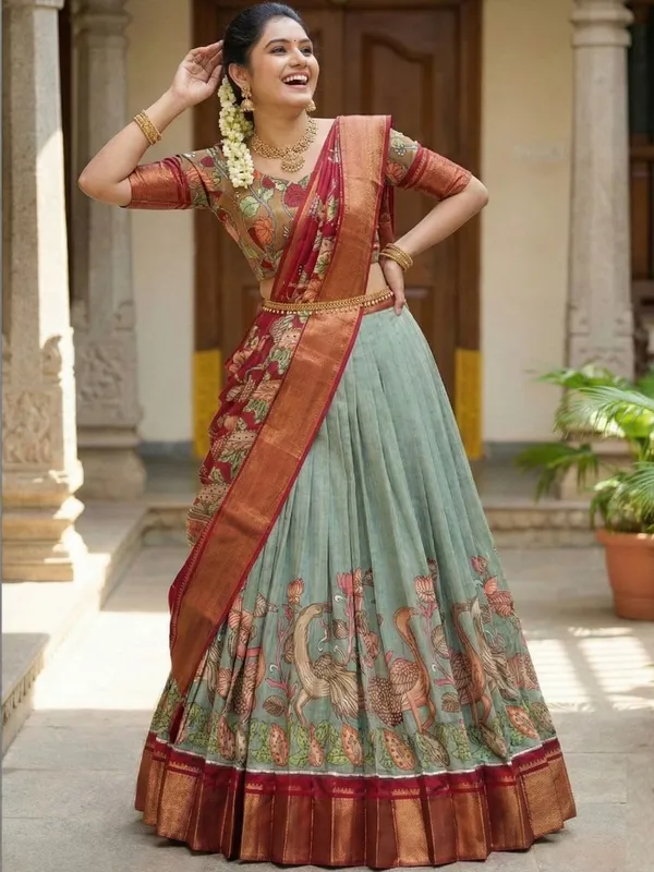 Green_Color_Dola_Silk_Designer_Kalamkari_Print_Lehenga_Choli