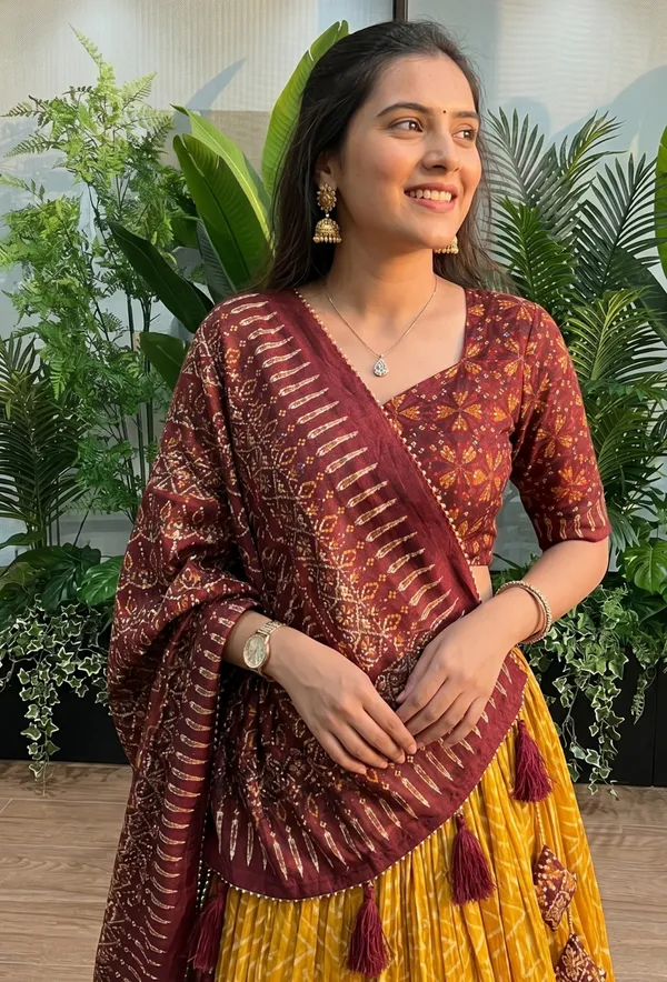 Yellow_color_tussar_silk_foil_print_lehenga_choli