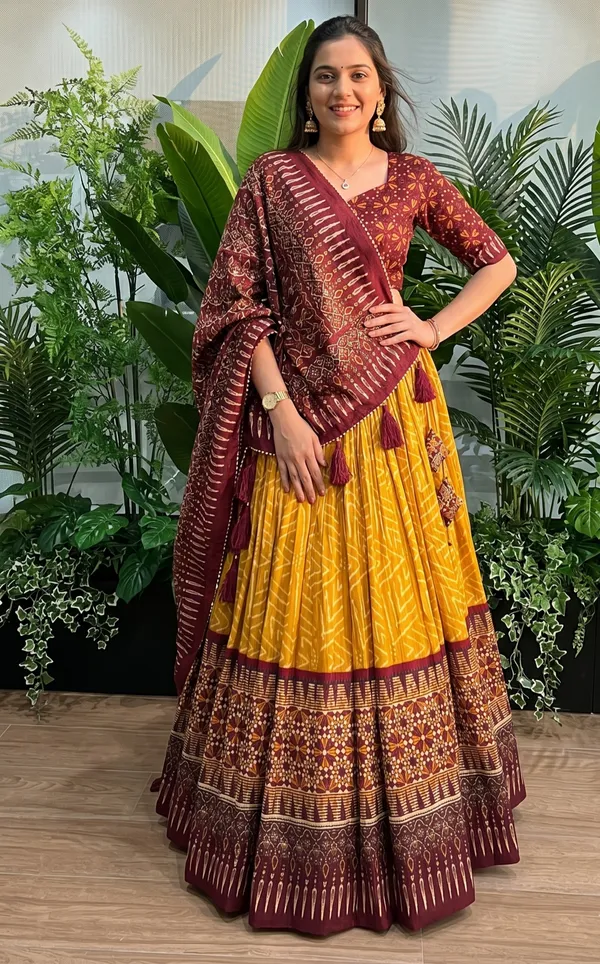 Yellow_color_tussar_silk_foil_print_lehenga_choli