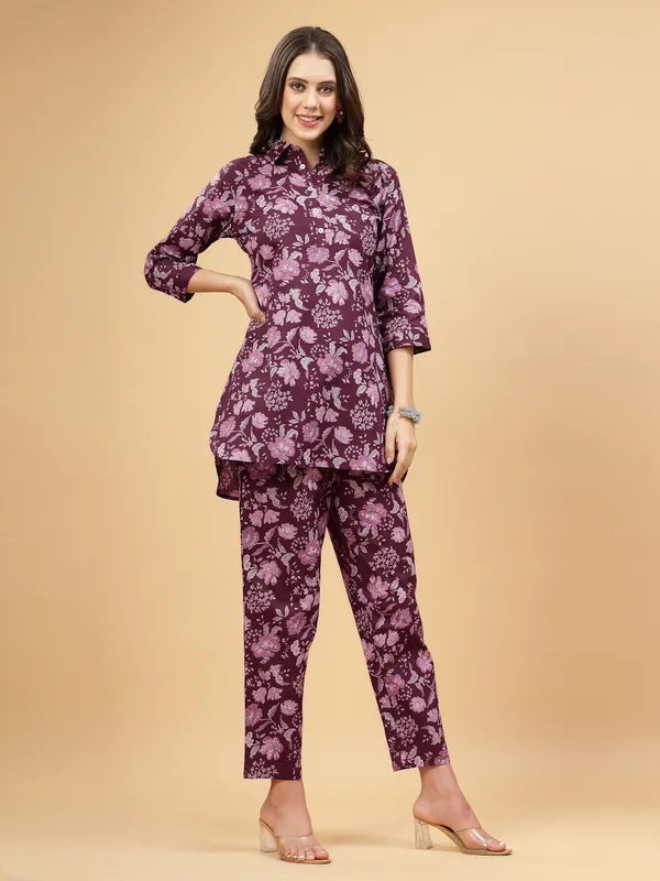 Wine_Floral_Regular_Pure_Cotton_Co-ord_Set