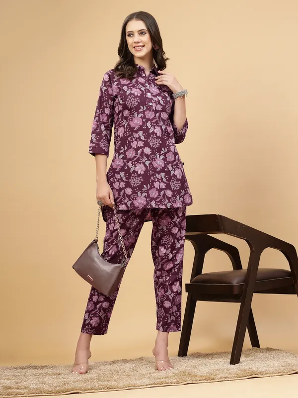 Wine_Floral_Regular_Pure_Cotton_Co-ord_Set