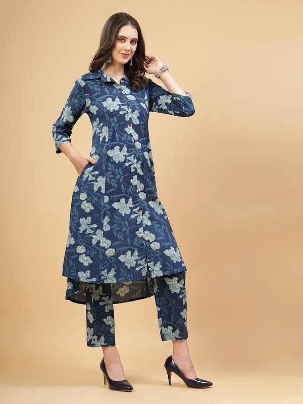 Blue_Pure_Cotton_Floral_Printed_Kurta_Pant_Suit_Set