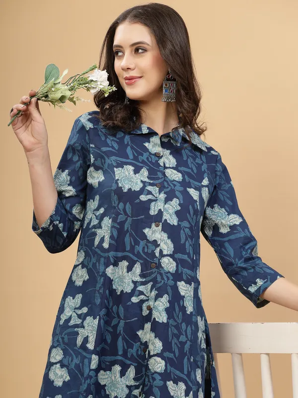 Blue_Pure_Cotton_Floral_Printed_Kurta_Pant_Suit_Set