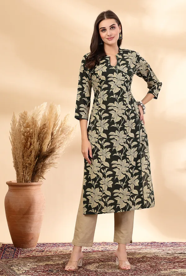 Dark_Green_Ethnic_Motifs_Printed_Pure_Cotton_Angrakha_Style_Kurta