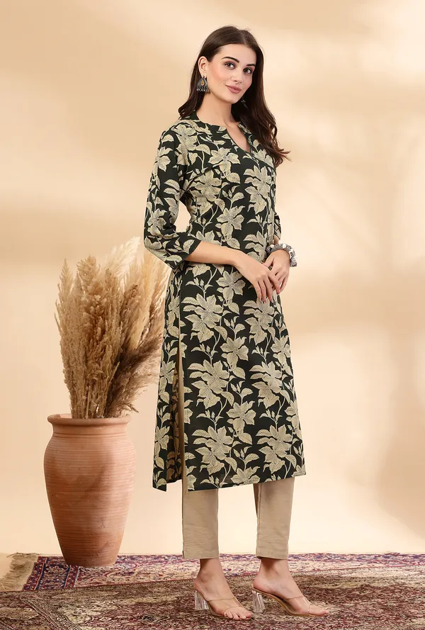 Dark_Green_Ethnic_Motifs_Printed_Pure_Cotton_Angrakha_Style_Kurta