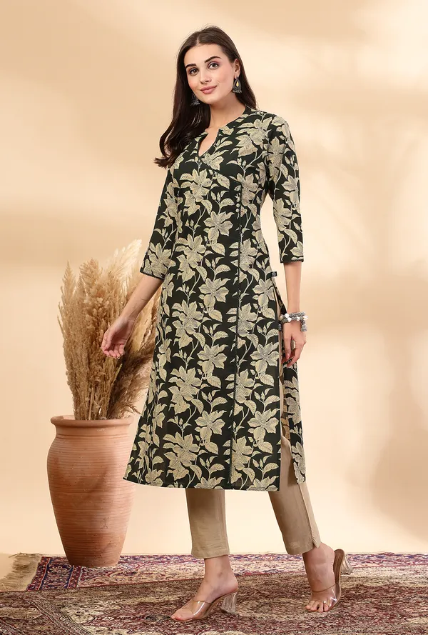 Dark_Green_Ethnic_Motifs_Printed_Pure_Cotton_Angrakha_Style_Kurta