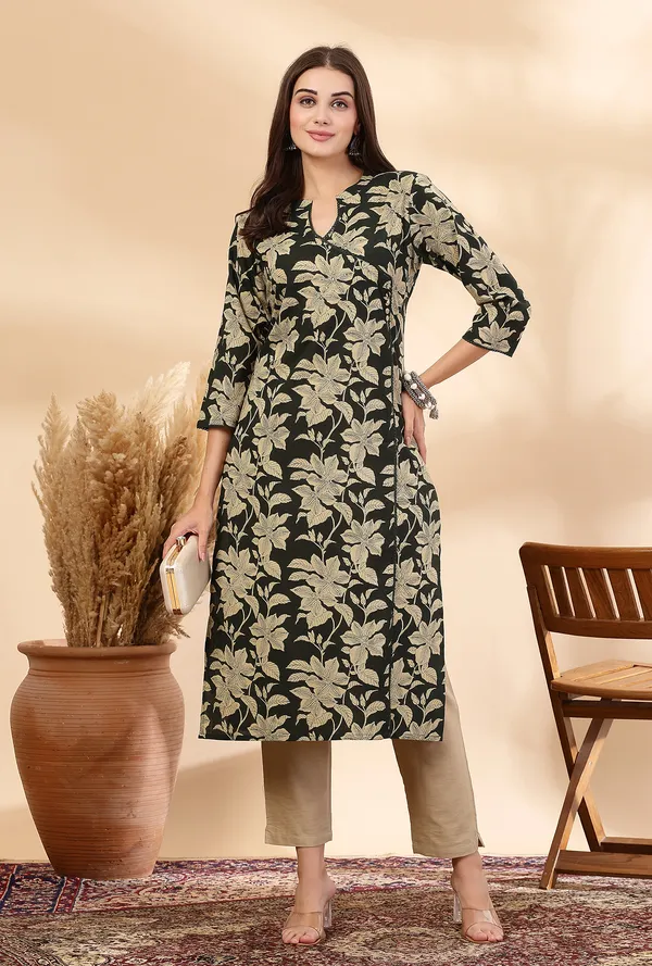 Dark_Green_Ethnic_Motifs_Printed_Pure_Cotton_Angrakha_Style_Kurta