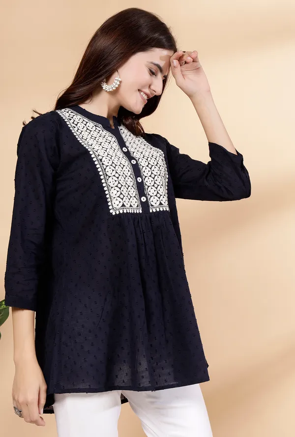 Navy_Blue_Cotton_Embroidered_Flare_Style_Short_Kurti