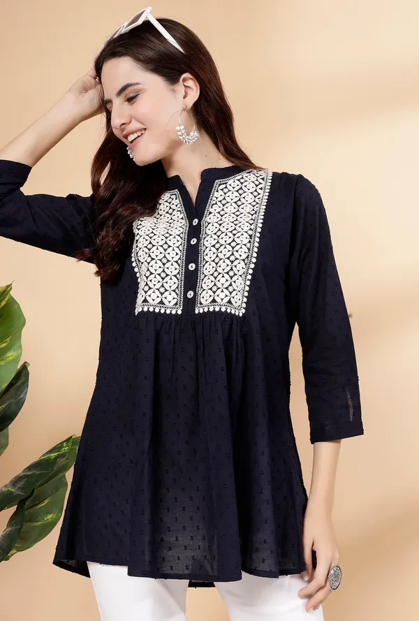 Navy_Blue_Cotton_Embroidered_Flare_Style_Short_Kurti