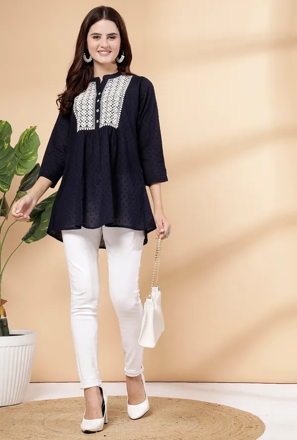 Navy_Blue_Cotton_Embroidered_Flare_Style_Short_Kurti