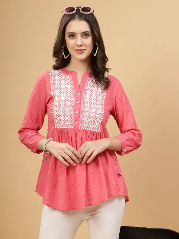 Peach_Cotton_Embroidered_Flare_Style_Short_Kurti