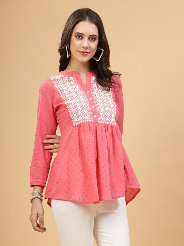 Peach_Cotton_Embroidered_Flare_Style_Short_Kurti