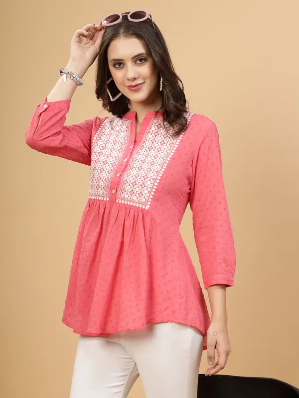 Peach_Cotton_Embroidered_Flare_Style_Short_Kurti