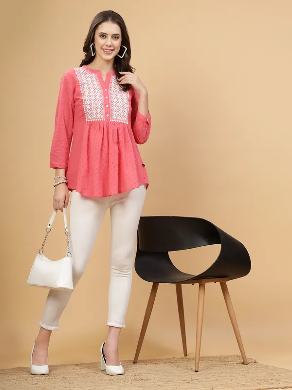 Peach_Cotton_Embroidered_Flare_Style_Short_Kurti