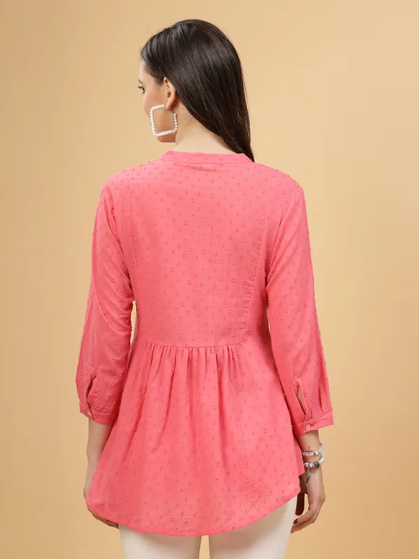 Peach_Cotton_Embroidered_Flare_Style_Short_Kurti