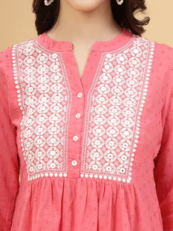 Peach_Cotton_Embroidered_Flare_Style_Short_Kurti