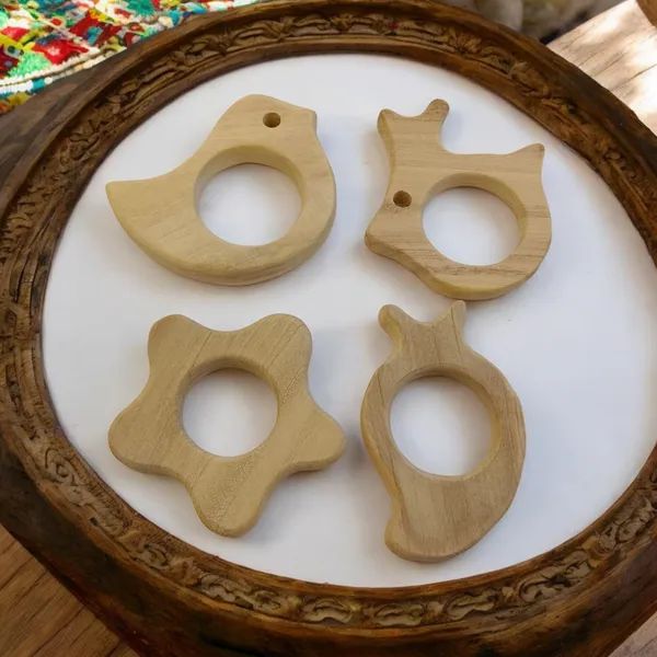 Pack_of_4__Neem_Wooden_Teethers-_Rabbit,_Flower,_Dove_&_Mango_Shapes