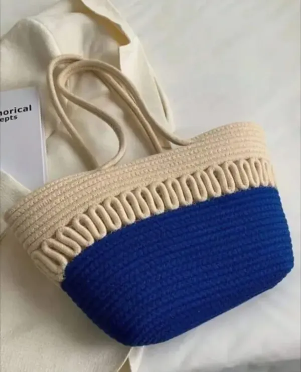 Cotton_Rope/_Jute_/Small_Dry_grass/Natural_Cane/Chic_Dry_Grass_Bag/Cotton_Rope_Woven_Bag_For_Women_Vibrant_Cotton_Rope_Handbag_Chic_Large_Tote_For_Women,Stylish_Carryall_&_Shoulder_Beige-Blue_Payl_Bag