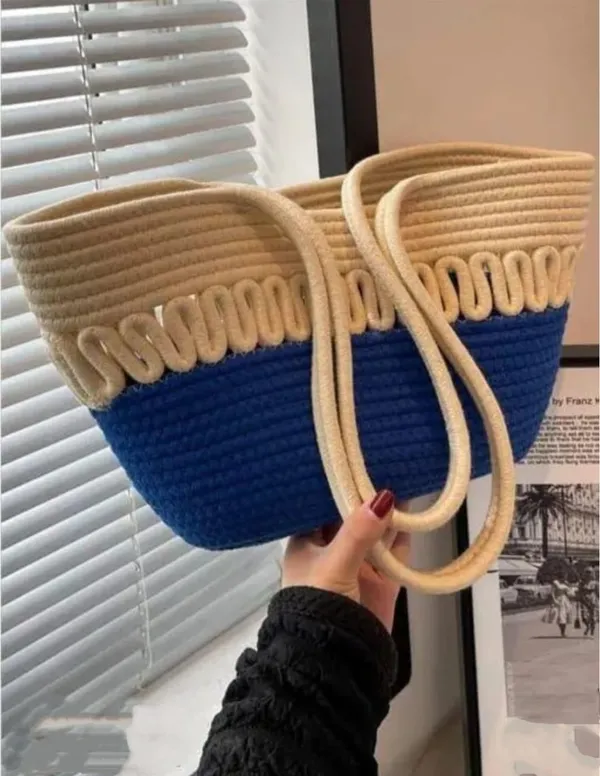 Cotton_Rope/_Jute_/Small_Dry_grass/Natural_Cane/Chic_Dry_Grass_Bag/Cotton_Rope_Woven_Bag_For_Women_Vibrant_Cotton_Rope_Handbag_Chic_Large_Tote_For_Women,Stylish_Carryall_&_Shoulder_Beige-Blue_Payl_Bag
