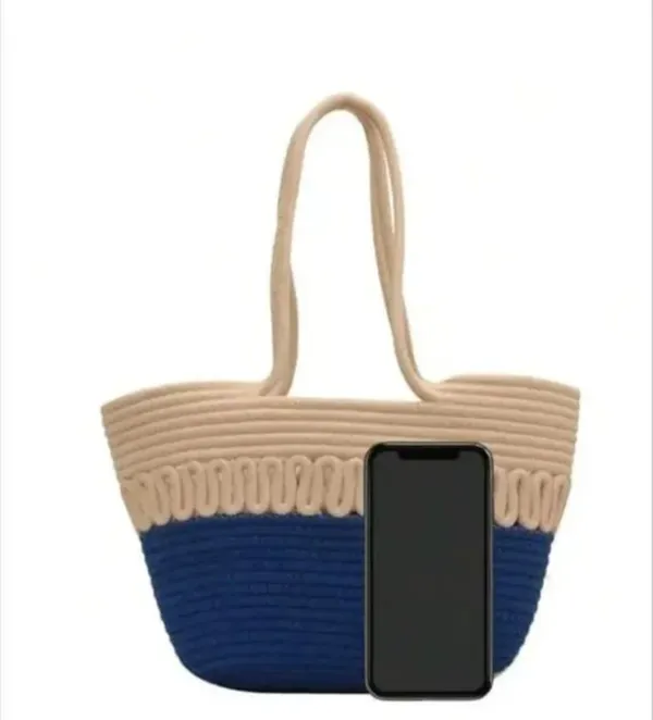 Cotton_Rope/_Jute_/Small_Dry_grass/Natural_Cane/Chic_Dry_Grass_Bag/Cotton_Rope_Woven_Bag_For_Women_Vibrant_Cotton_Rope_Handbag_Chic_Large_Tote_For_Women,Stylish_Carryall_&_Shoulder_Beige-Blue_Payl_Bag