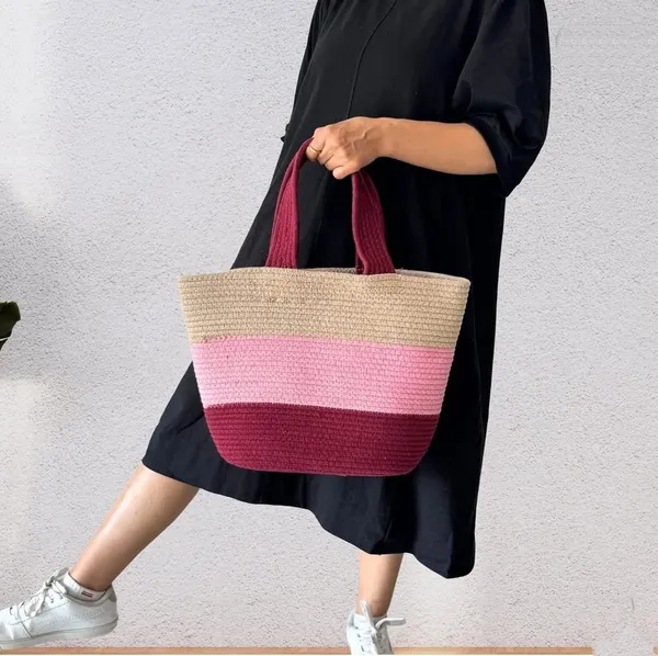 Cotton_Rope/_Jute_/Small_Dry_grass/Natural_Cane/Chic_Dry_Grass_Bag/Cotton_Rope_Woven_Bag_For_Women_Vibrant_Cotton_Rope_Handbag_Chic_Large_Tote_For_Women,Stylish_Carryall_&_Shoulder_Beige-Pink-Red_Bag