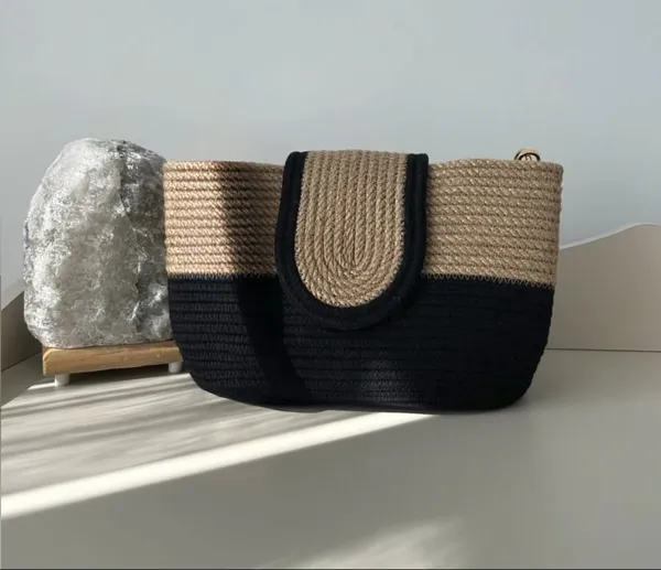Cotton_Rope/_Jute_/Small_Dry_grass/Natural_Cane/Chic_Dry_Grass_Bag/Cotton_Rope_Woven_Bag_For_Women_Vibrant_Cotton_Rope_Handbag_Chic_Large_Tote_For_Women,Stylish_Carryall_&_Shoulder_Black-Beige_Bag