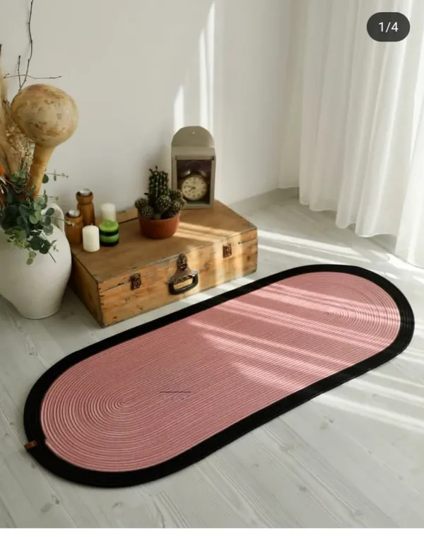 Cotton_Rope/_Jute_/Small_Dry_grass/Natural_Cane/Chic_Dry_Grass_Bag/Super_Area_Rugs/All_Natural_Soft_Jute_Braided_Hand-Woven_Rug_Natural_Black-Pink_Oval_Mat