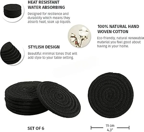 Cotton_Rope/_Jute_/Small_Dry_grass/Natural_Cane/Chic_Dry_Grass_Bag/Farmhouse_Coasters_for_Drinks/Absorbent_Coasterfor_Fabletop_Protection/Women_Coaster,Rustic_Coaster,Rope_Drink_Coaster-Full_Black