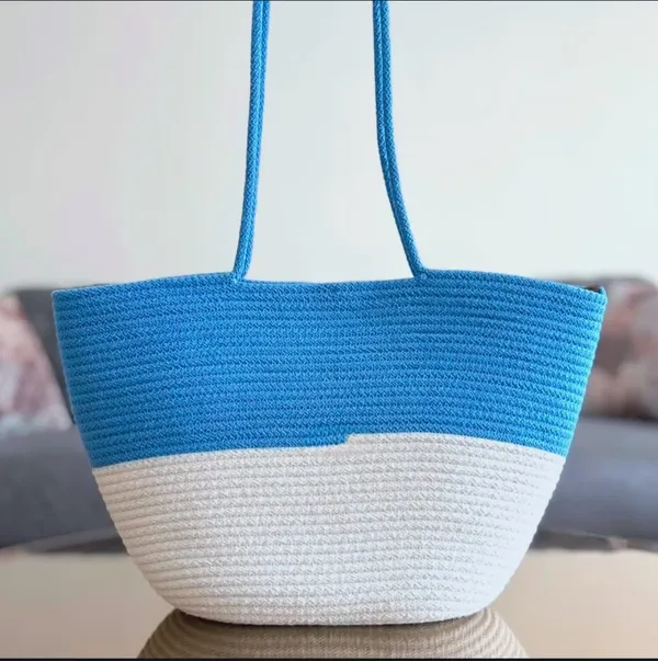 Cotton_Rope/_Jute_/Small_Dry_grass/Natural_Cane/Chic_Dry_Grass_Bag/Cotton_Rope_Woven_Bag_For_Women_Vibrant_Cotton_Rope_Handbag_Chic_Large_Tote_For_Women,Stylish_Carryall_&_Shoulder_Blue-White_Bag