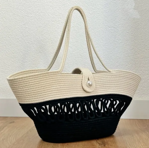 Cotton_Rope/_Jute_/Small_Dry_grass/Natural_Cane/Chic_Dry_Grass_Bag/Cotton_Rope_Woven_Bag_For_Women_Vibrant_Cotton_Rope_Handbag_Chic_Large_Tote_For_Women,Stylish_Carryall_&_Shoulder_White-Black-Payal_Bag