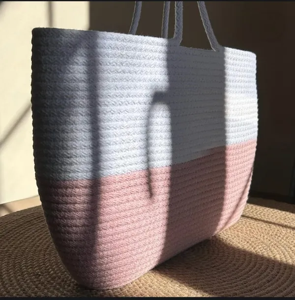 Cotton_Rope/_Jute_/Small_Dry_grass/Natural_Cane/Chic_Dry_Grass_Bag/Cotton_Rope_Woven_Bag_For_Women_Vibrant_Cotton_Rope_Handbag_Chic_Large_Tote_For_Women,Stylish_Carryall_&_Shoulder_White-Pink_Bag
