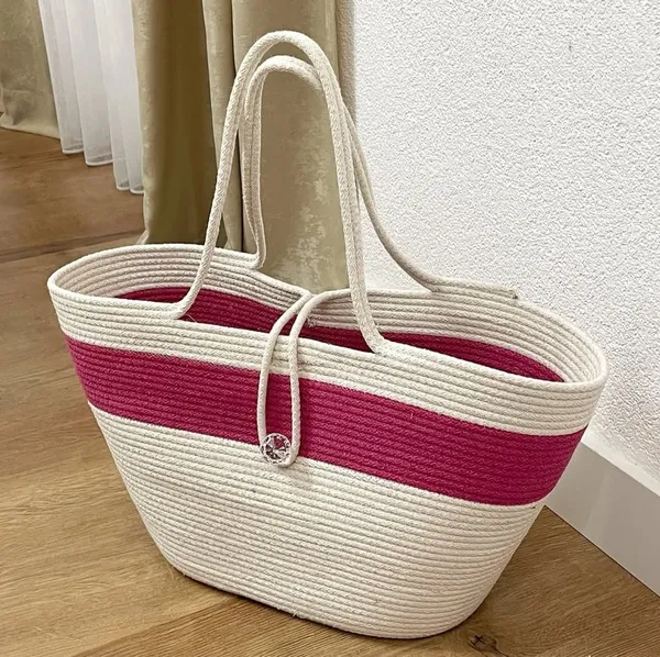 Cotton_Rope/_Jute_/Small_Dry_grass/Natural_Cane/Chic_Dry_Grass_Bag/Cotton_Rope_Woven_Bag_For_Women_Vibrant_Cotton_Rope_Handbag_Chic_Large_Tote_For_Women,Stylish_Carryall_&_Shoulder_White-Red-White_Bag