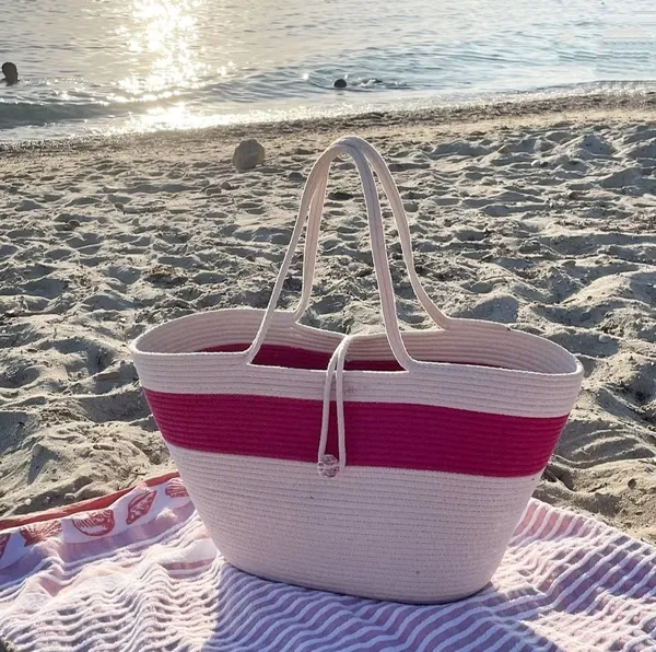 Cotton_Rope/_Jute_/Small_Dry_grass/Natural_Cane/Chic_Dry_Grass_Bag/Cotton_Rope_Woven_Bag_For_Women_Vibrant_Cotton_Rope_Handbag_Chic_Large_Tote_For_Women,Stylish_Carryall_&_Shoulder_White-Red-White_Bag