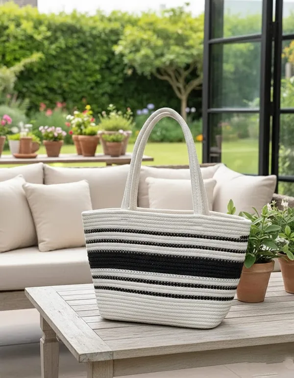 EcoFemme-_'s_Stylish_Cotton_&_Jute_Bags_BLK-WHT_Strap_Bag