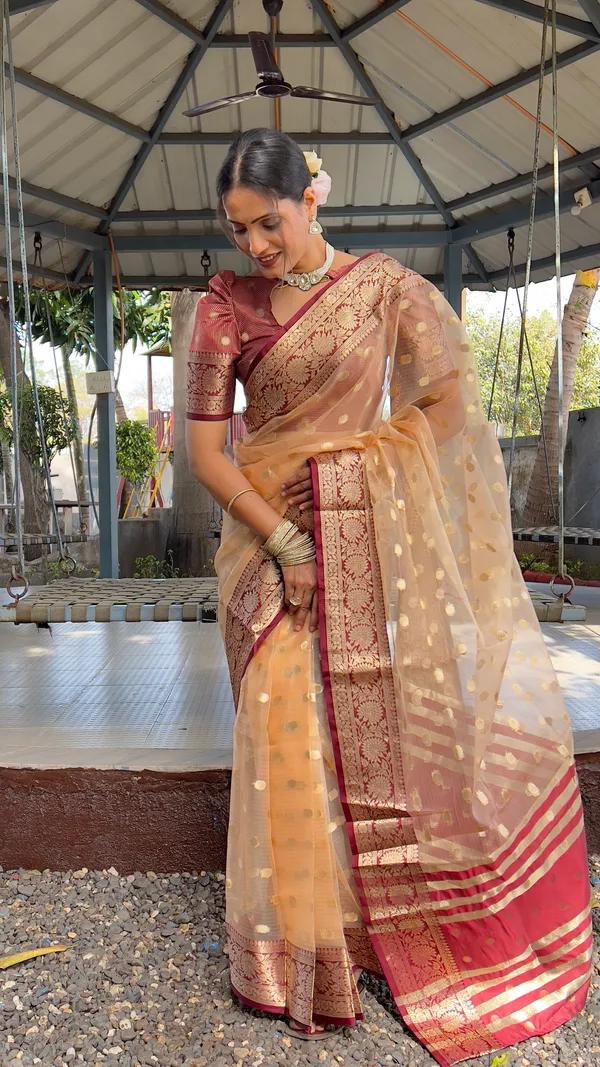 Peach_Brown_Majestic_Ready_To_Wear_Soft_Organza_Silk_Saree_With_Blouse_Piece_For_Women