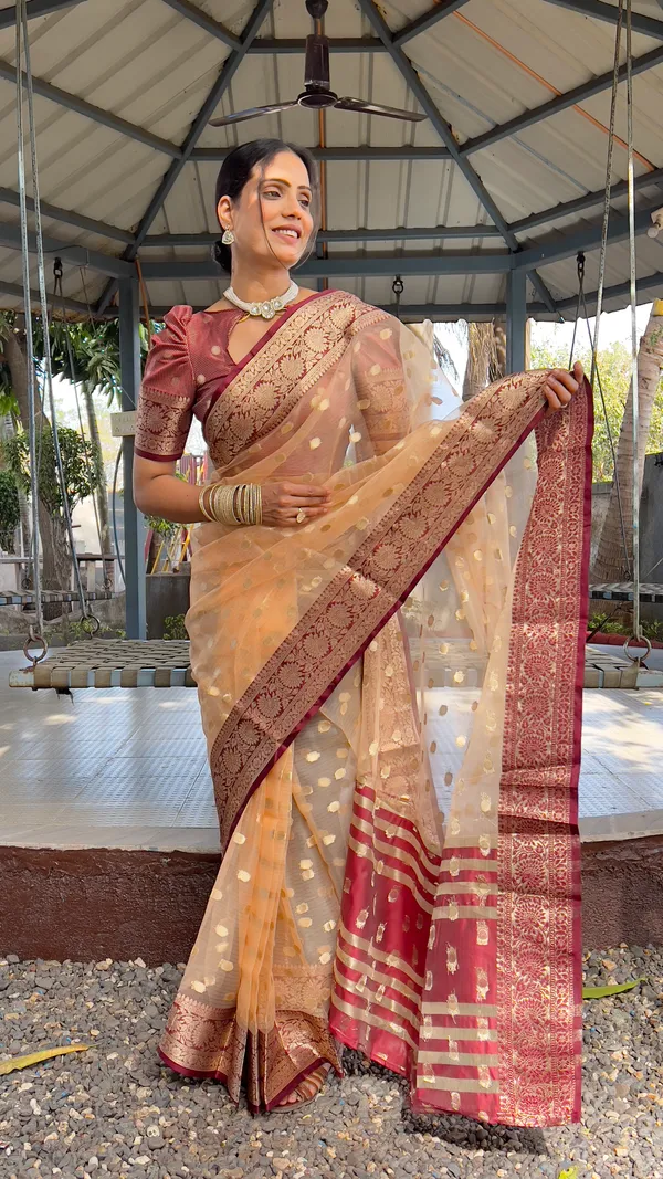 Peach_Brown_Majestic_Ready_To_Wear_Soft_Organza_Silk_Saree_With_Blouse_Piece_For_Women