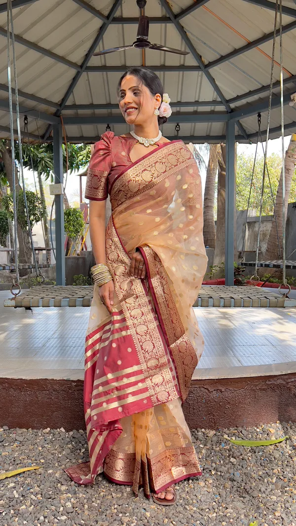 Peach_Brown_Majestic_Ready_To_Wear_Soft_Organza_Silk_Saree_With_Blouse_Piece_For_Women